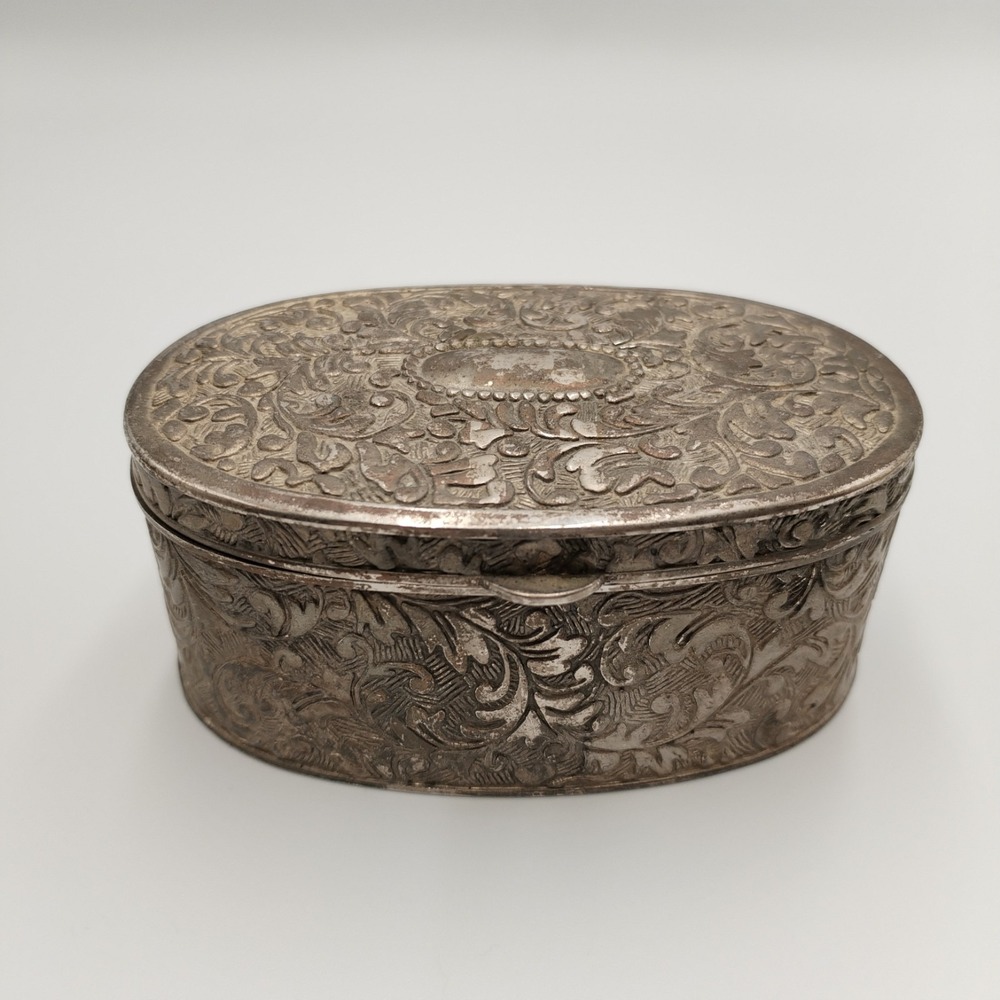 Vintage Silver Plated Oval Trinket Box Hinged Floral Scrollwork Red Lined